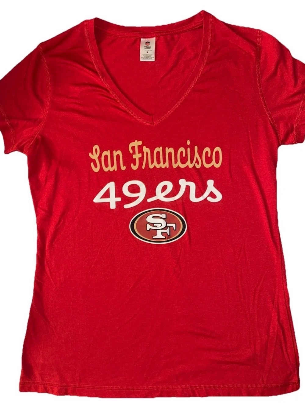NFL San Francisco 49ers Red V-Neck Tee with White and Gold Logo